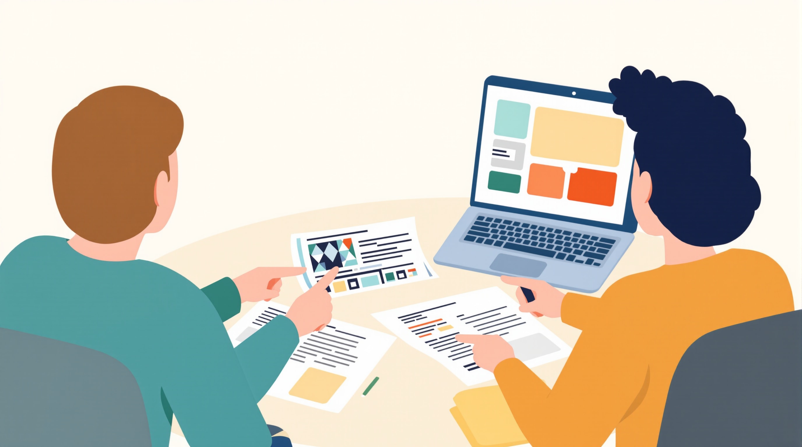 Two people reviewing website design mockups together at a table