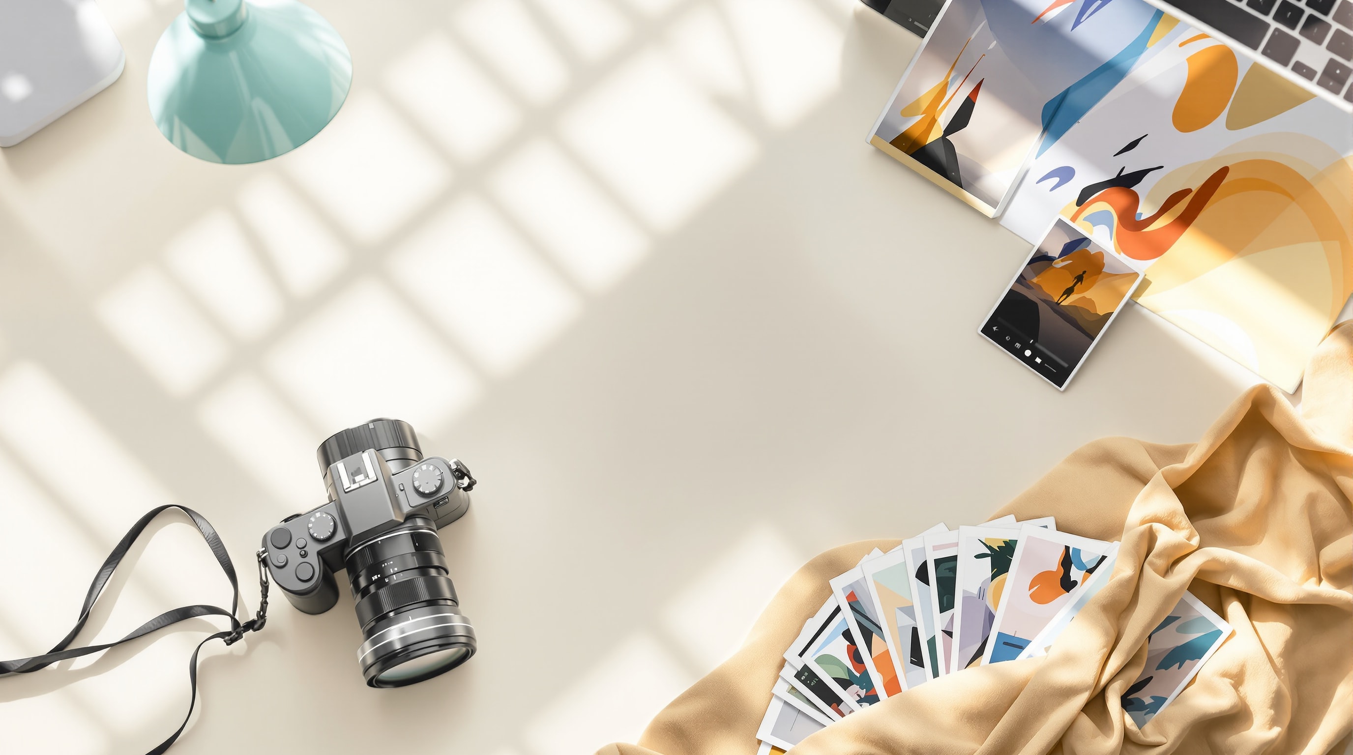 A camera beside a laptop showing an abstract photo-editing screen and printed photos