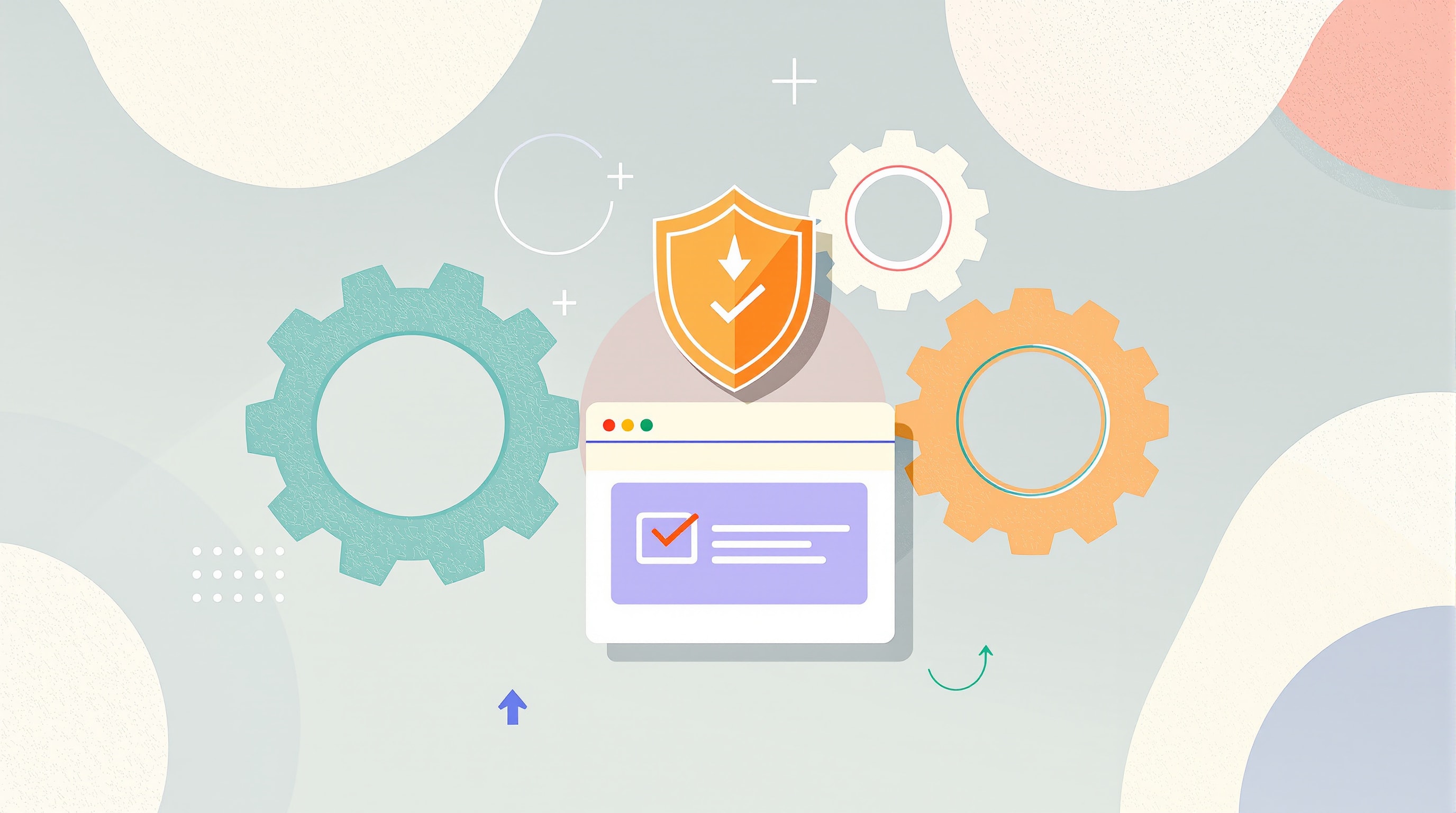 Gears, a shield, a checklist, and a backup arrow representing website maintenance