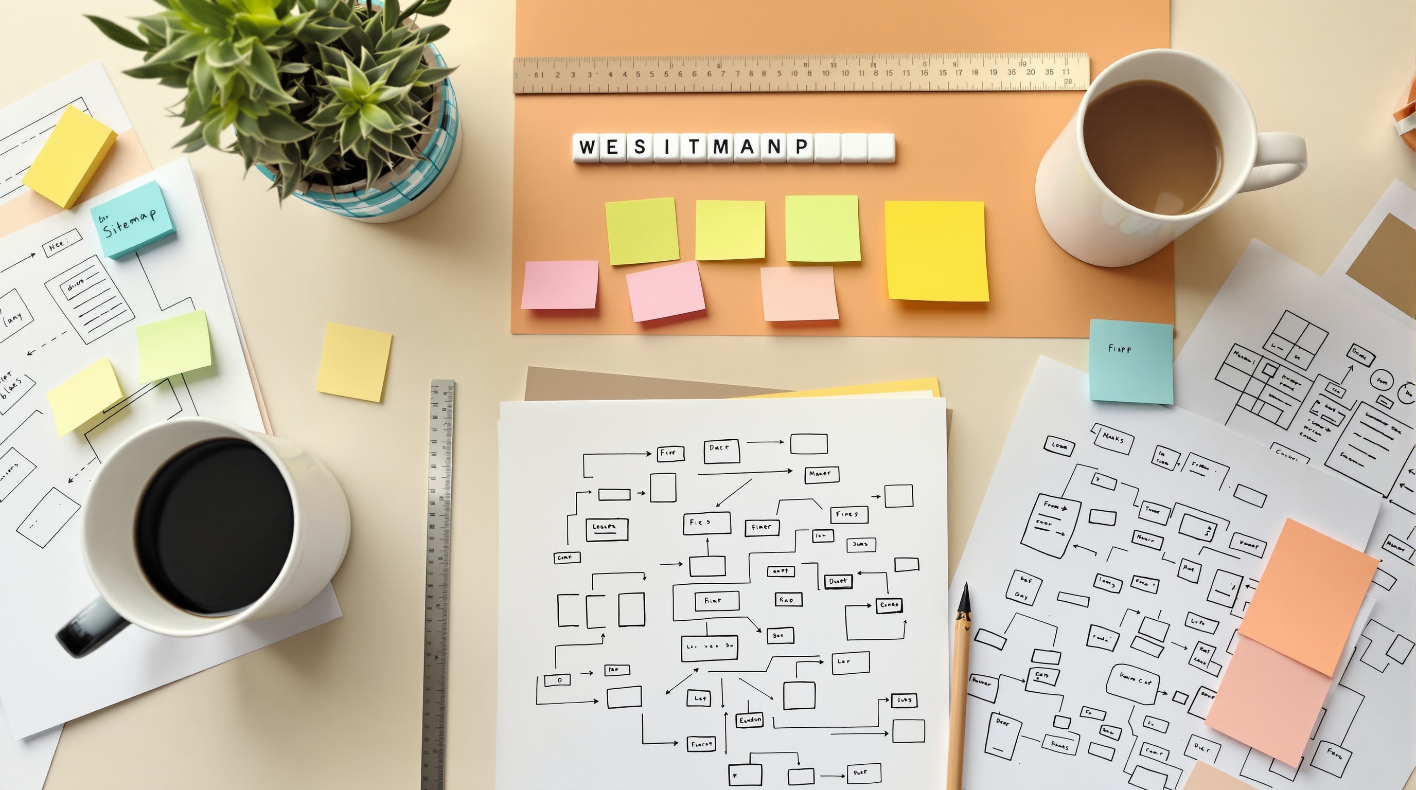 Hand-drawn sitemap diagrams, sticky notes, and pencils on a desk during website planning
