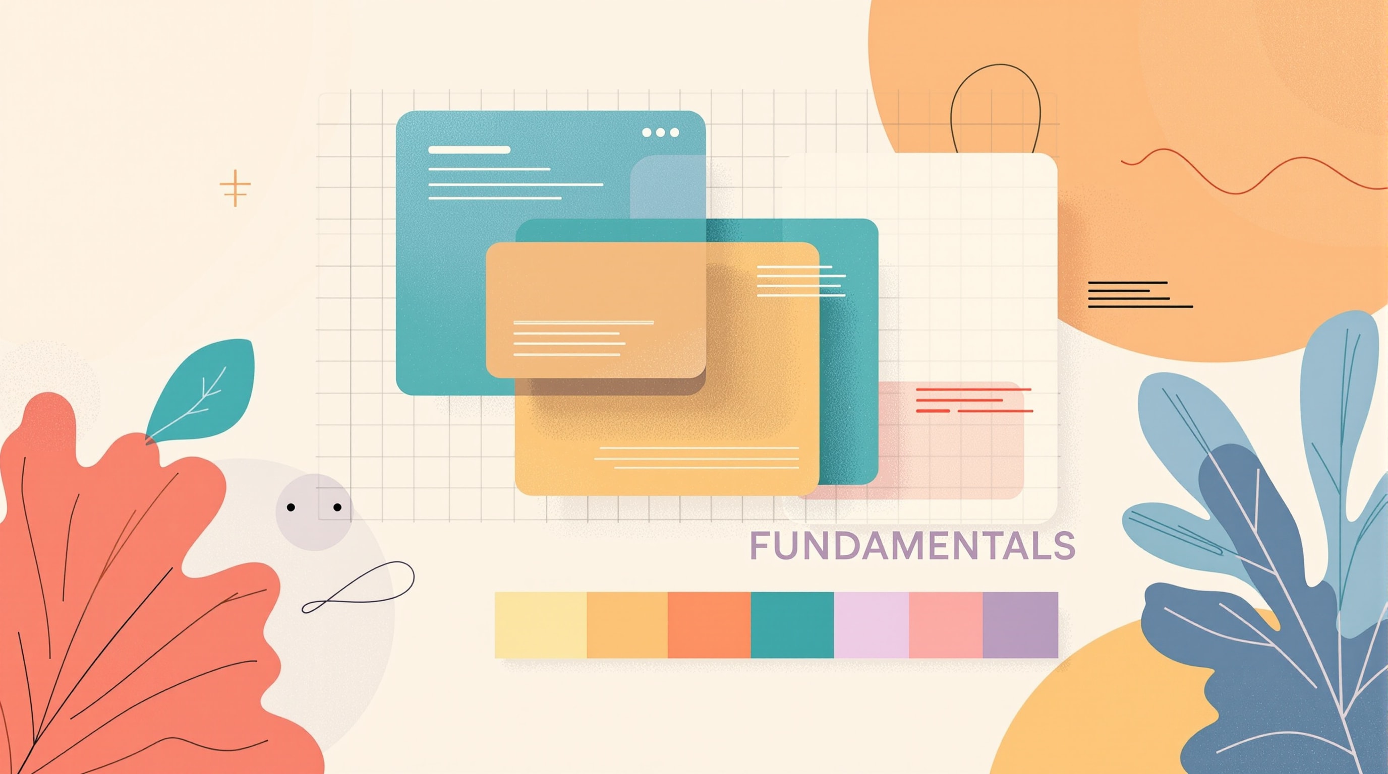Abstract composition showing visual hierarchy, a layout grid, colour swatches, and a type scale