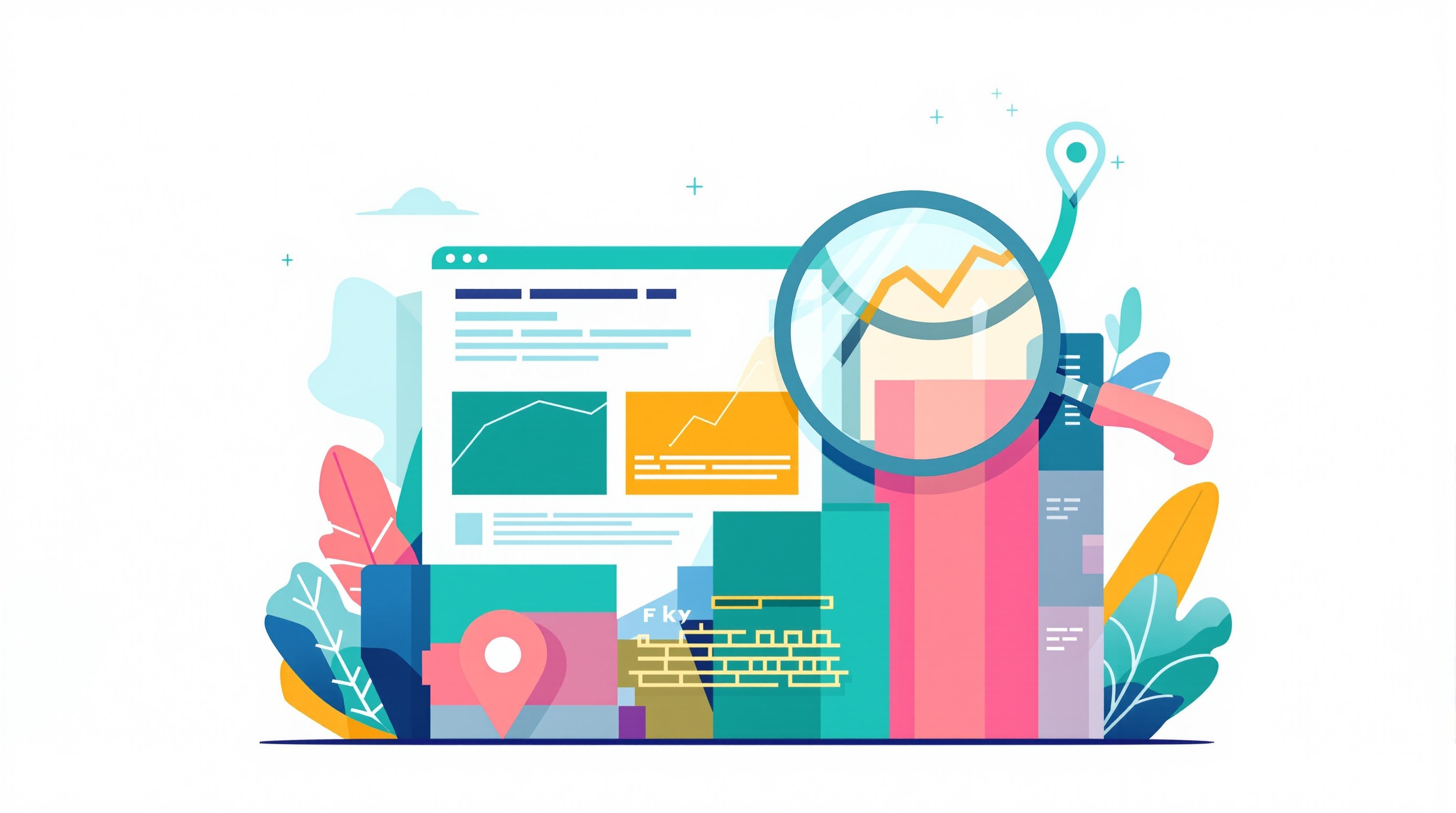 A magnifying glass over an abstract web page with an upward trend line and a location pin