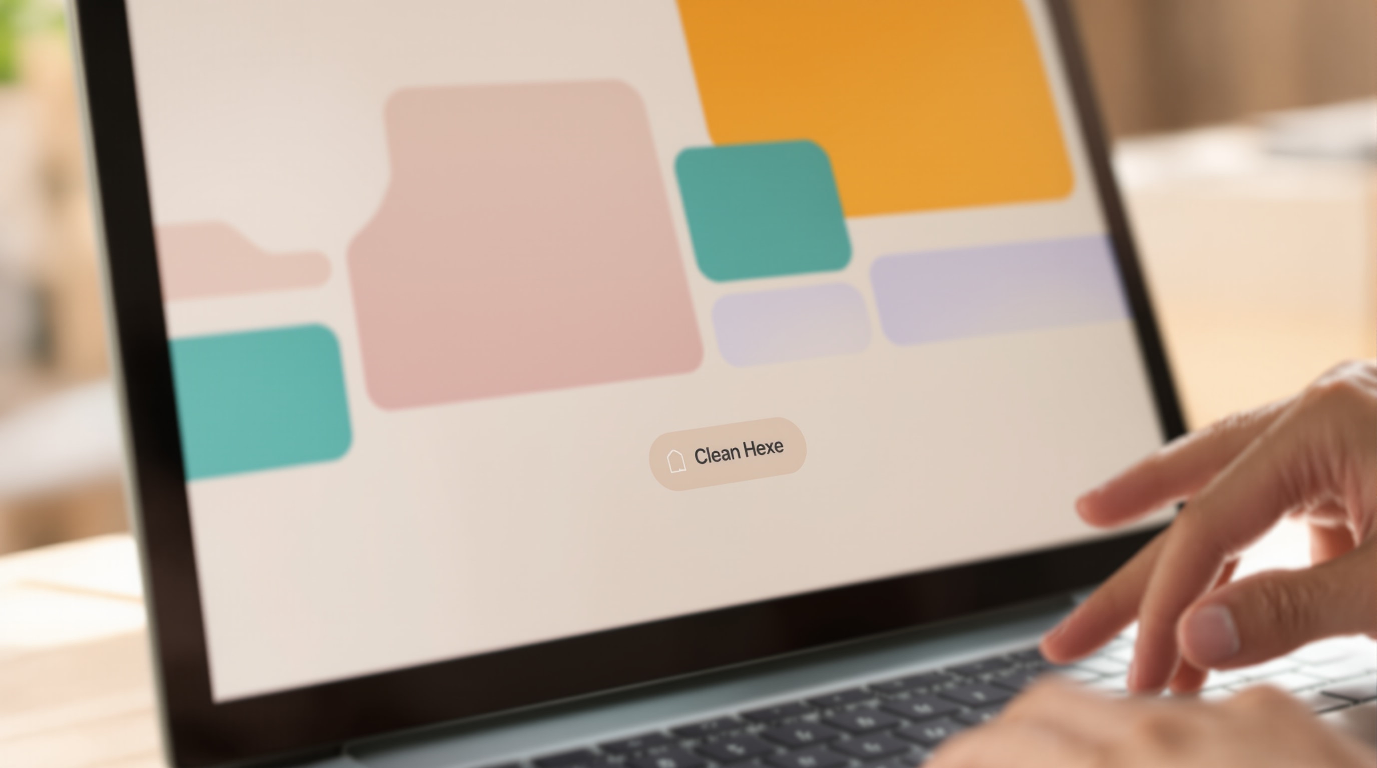 Hands using a laptop showing a clean interface with a single prominent button