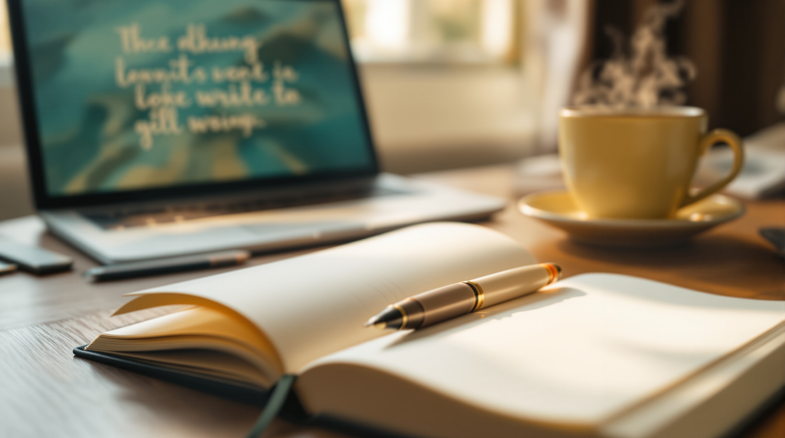 An open notebook and pen beside a laptop, representing writing web copy